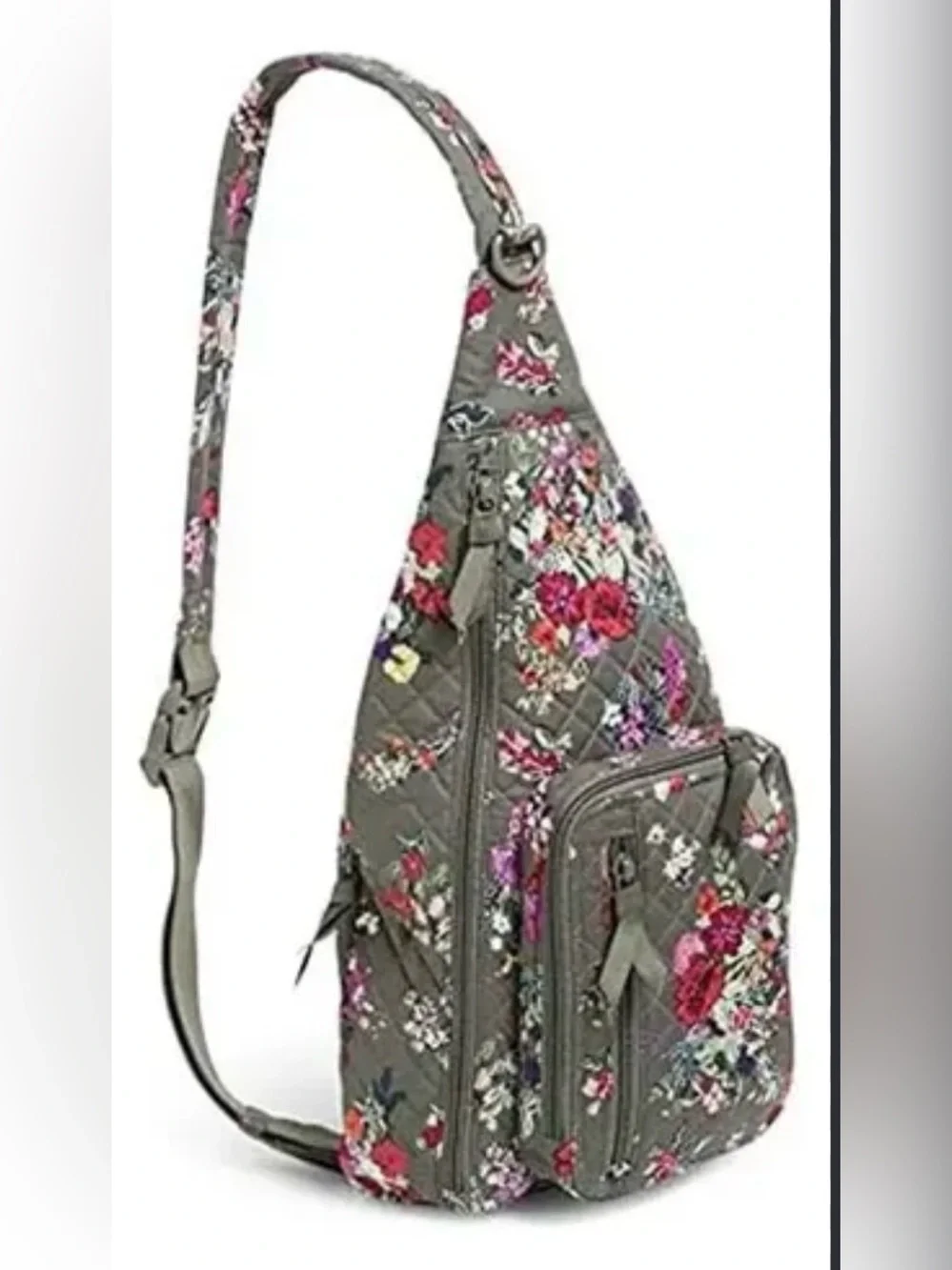 Vera Bradley Gray Quilted Floral Sling Backpack with Pink & Red Accents NWOT